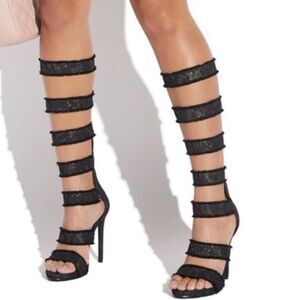 Shoedazzle Leona Black Snake Denim Gladiator Sandals - Size 6.5